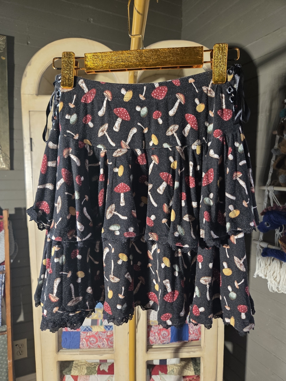 Black Mushroom Print Tiered Mini Skirt